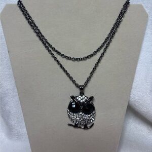 Pave crystal Owl pendant with emerald cut onyx eyes on 30” chain
